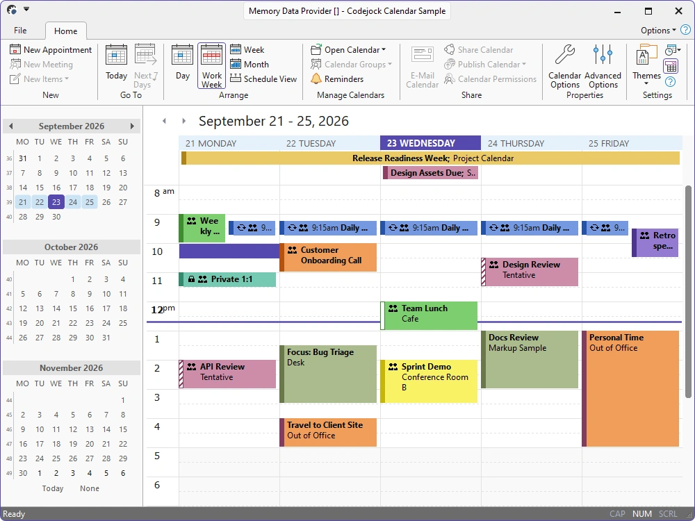 Work Week View showing appointment labels, status, colors, and indicators