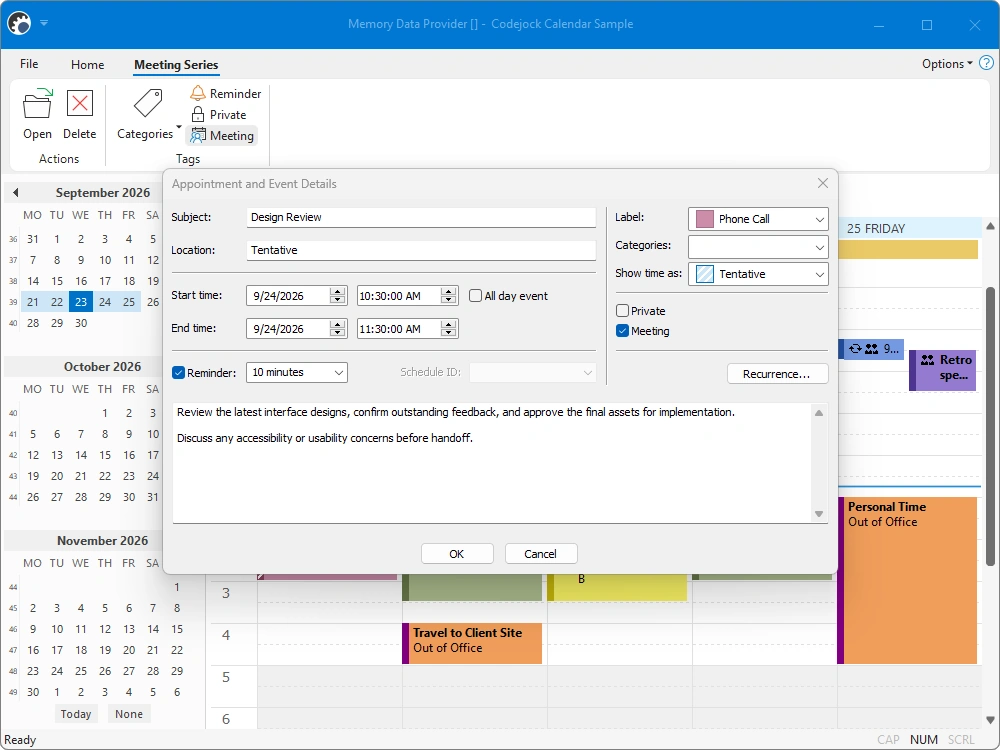 Appointment and Event Details dialog for a Design Review meeting