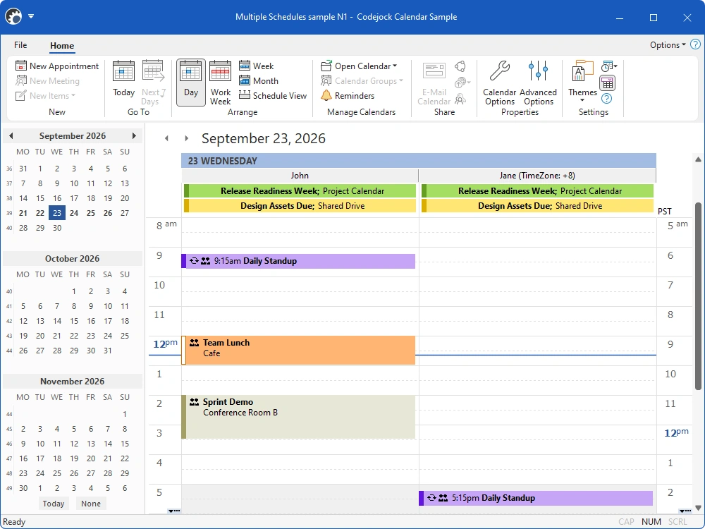 Calendar comparing multiple schedules across two time zones