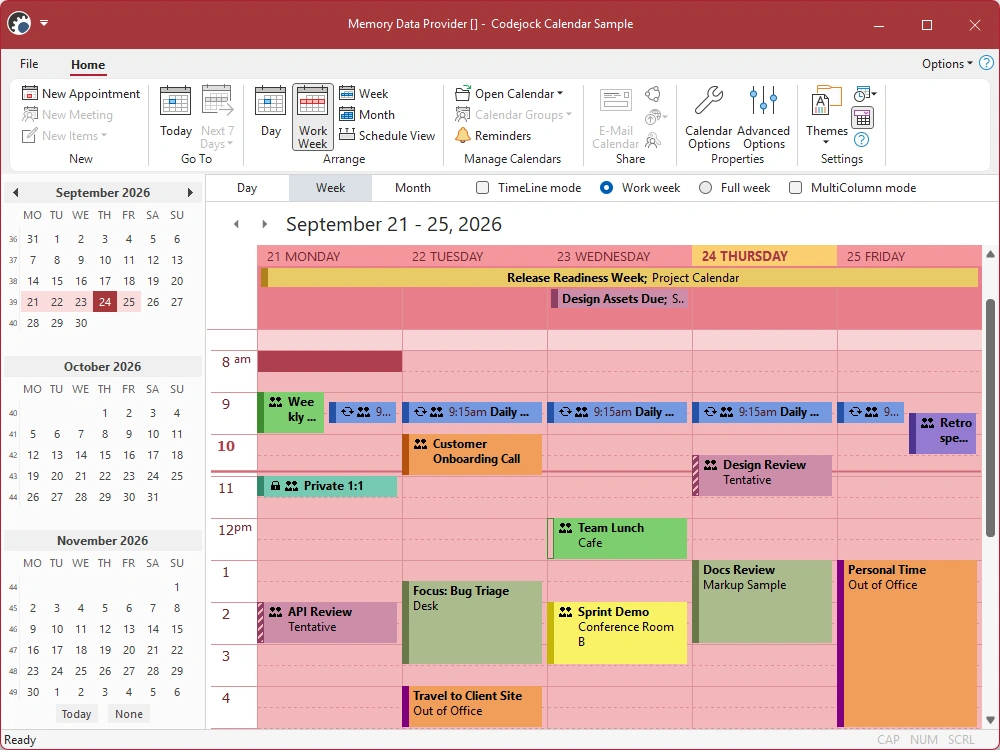 Calendar Options dialog with work-week, view, tooltip, printing, and editing settings