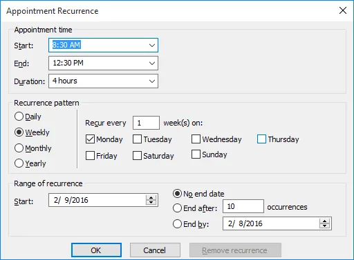 Recurrence Dialog examlple