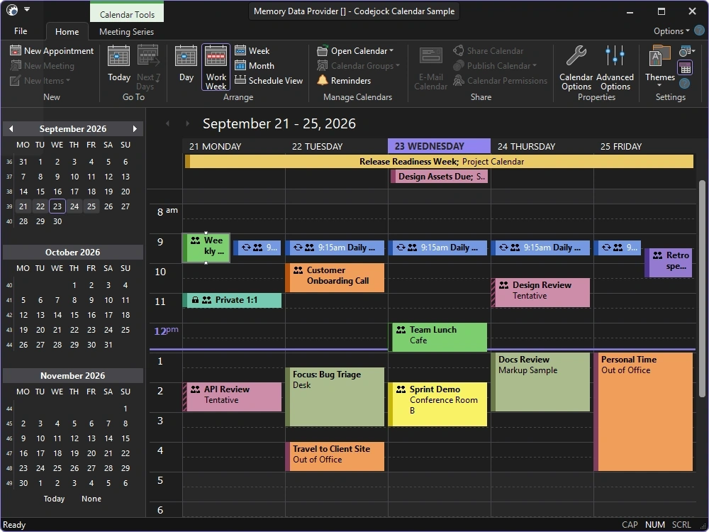Calendar using the Visual Studio 2026 Dark theme