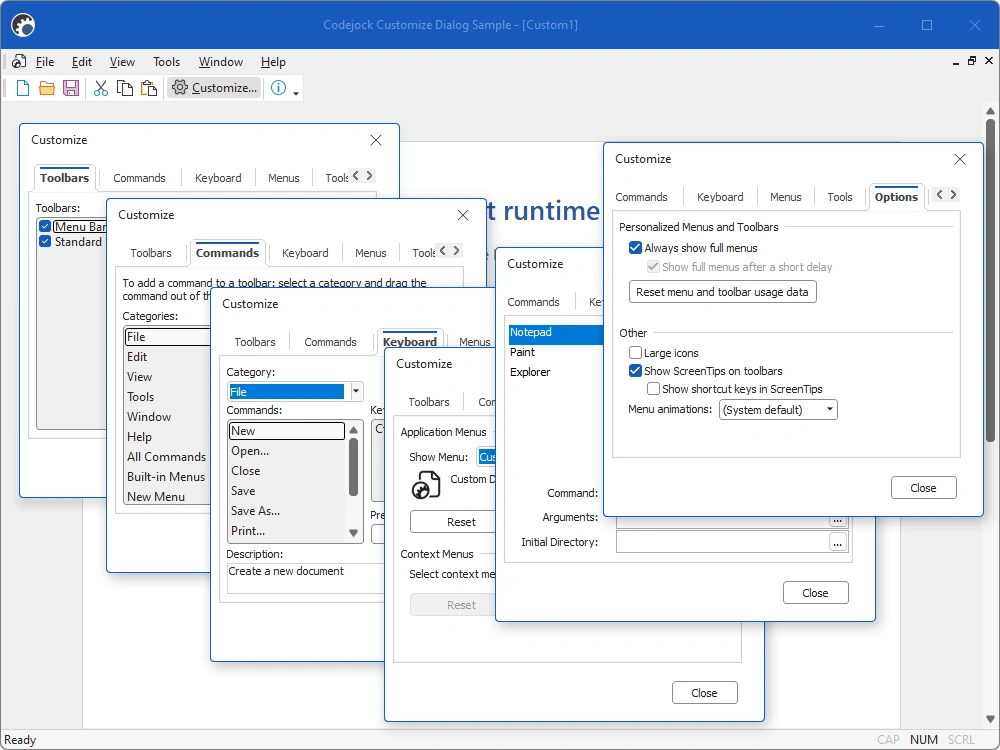 Runtime command and toolbar customization interface