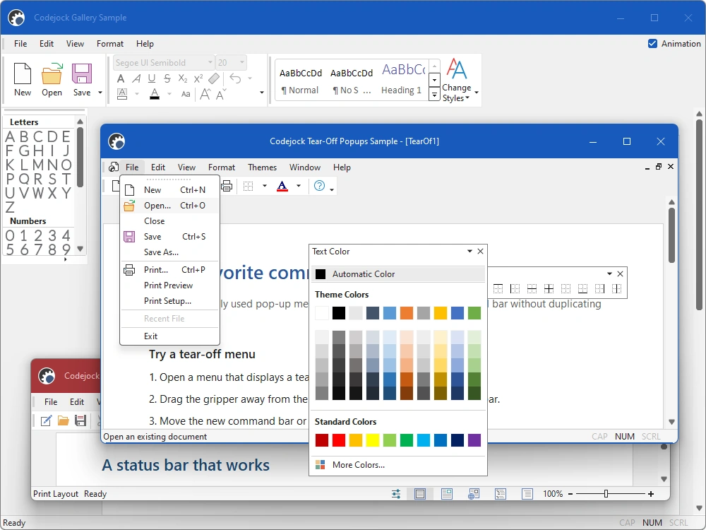 Application menus, dockable toolbars, and status bar