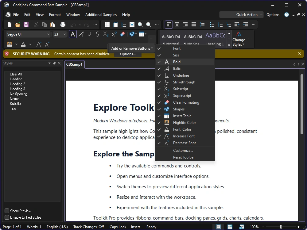 Command Bars using the Visual Studio 2026 Dark theme
