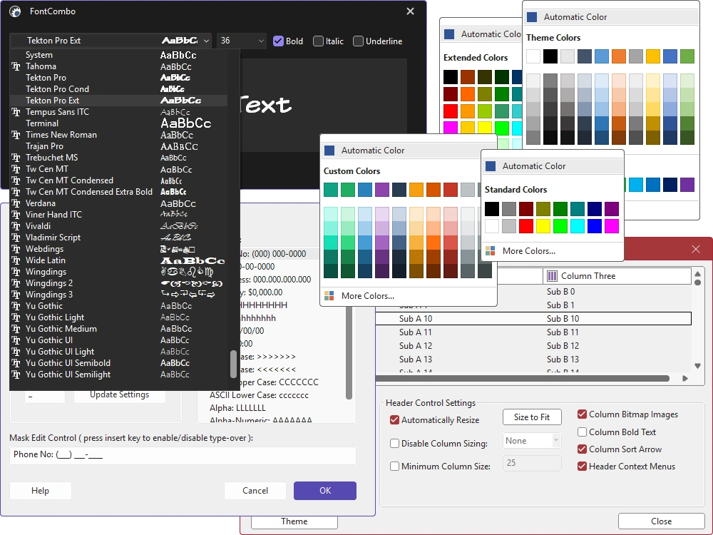 Color Picker with standard, custom, and theme color palettes