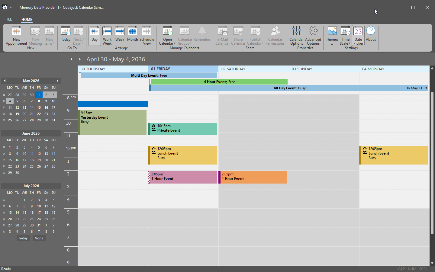 Calendar day and work week scheduling interface
