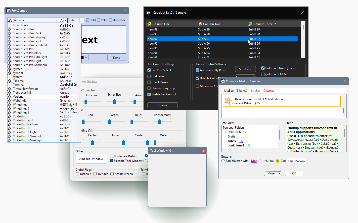 Core Windows UI controls with list views, combo boxes, markup, and tool windows