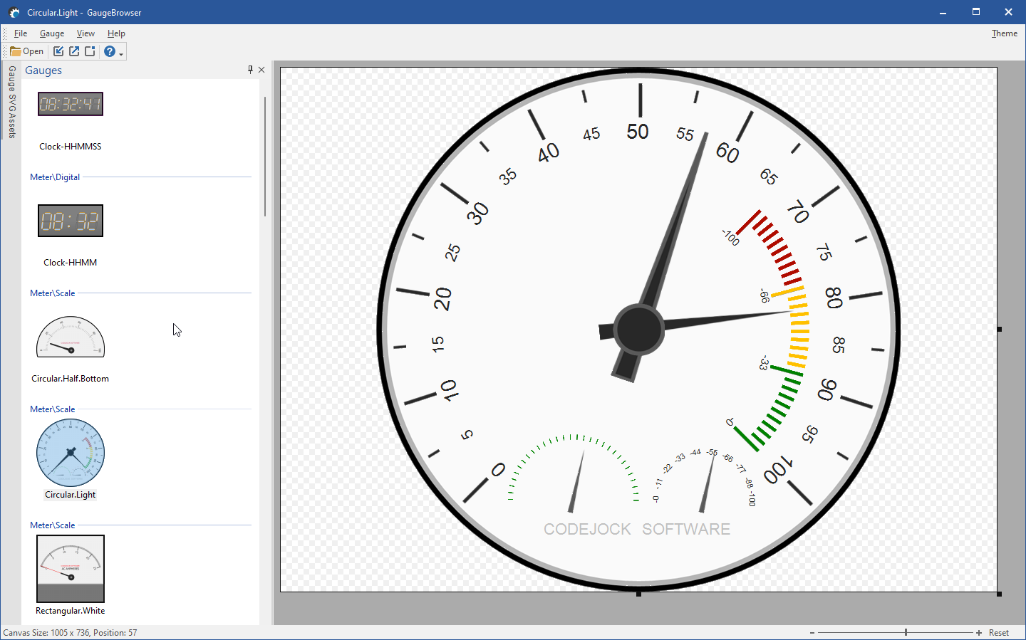 Analog circular gauge control with tick marks, needles, and color ranges