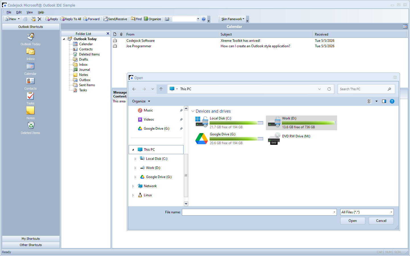 Skin Framework sample showing an Outlook-style application with themed interface and skinned file dialog