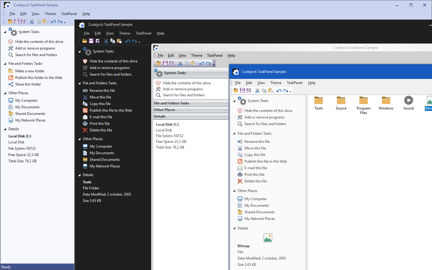 Task Panel control with Explorer-style task groups, navigation items, and themed layouts