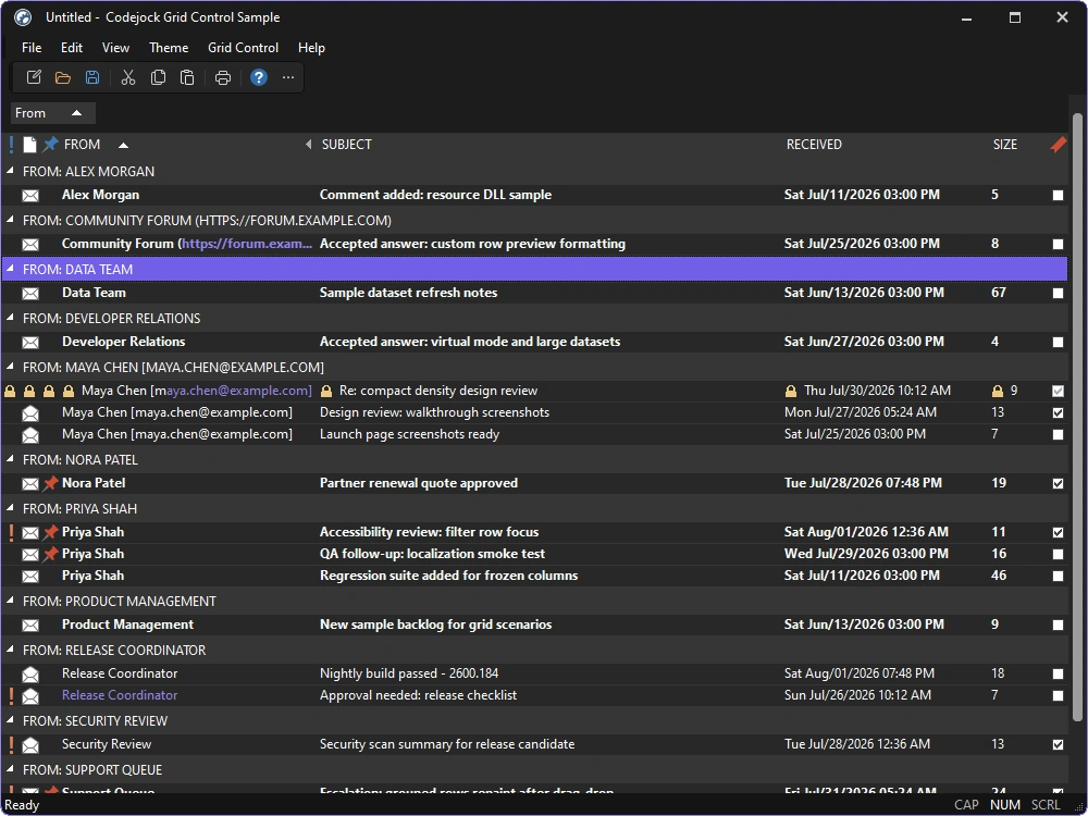 Grid Control using the Visual Studio 2026 Dark theme