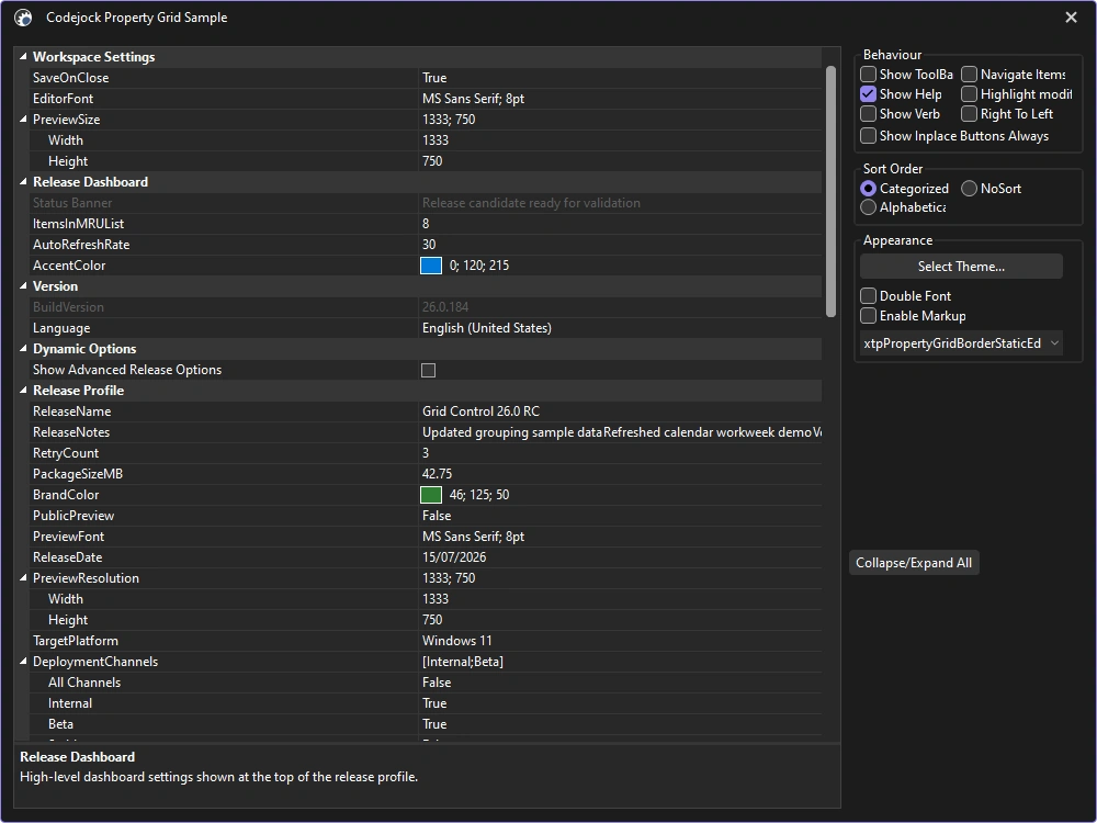 Property Grid using the Visual Studio 2026 Dark theme