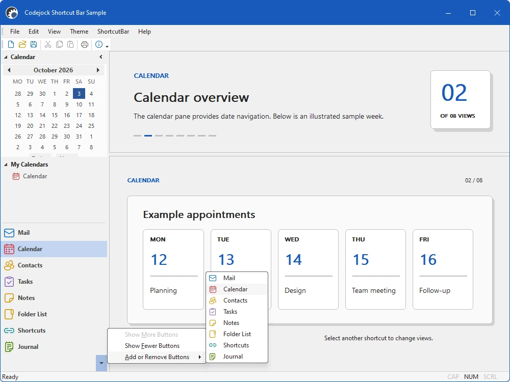 Outlook-style shortcut navigation bar